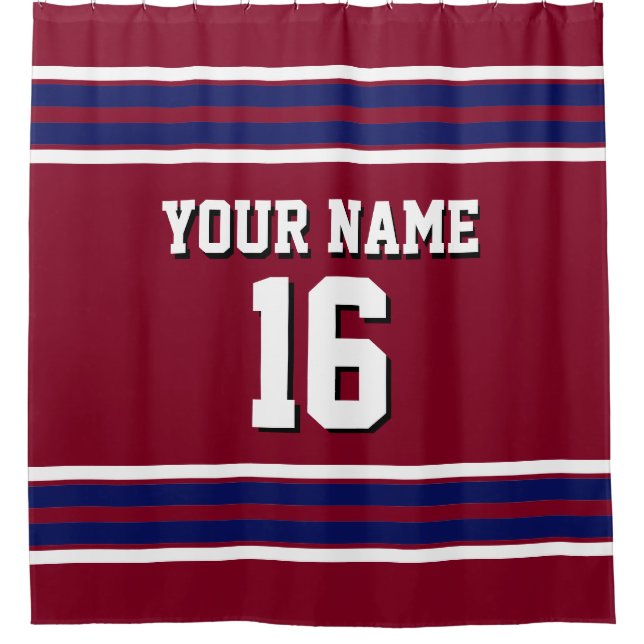 Burgund mit Navy White Stripes Sports Jersey Duschvorhang (Vorderseite)