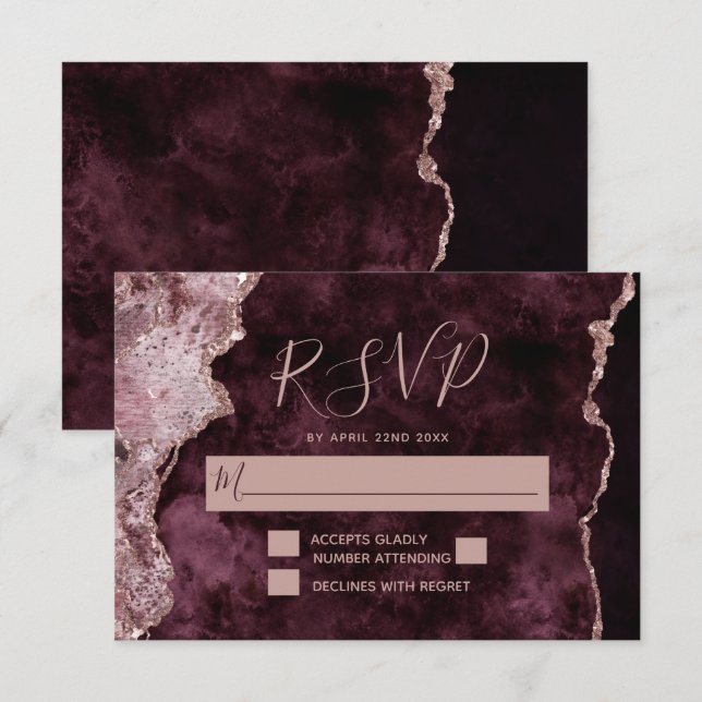 Burgund mit Rose Gold Marbled Agate Wedding RSVP Karte (Vorne/Hinten)
