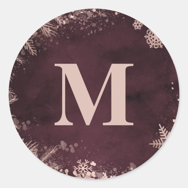 Burgund mit Rose Gold Winter Wedding Monogramm Runder Aufkleber (Vorderseite)