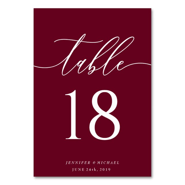 Burgund Moderne Hochzeit Einfache Elegante Sitzgel Tischnummer (Vorderseite)