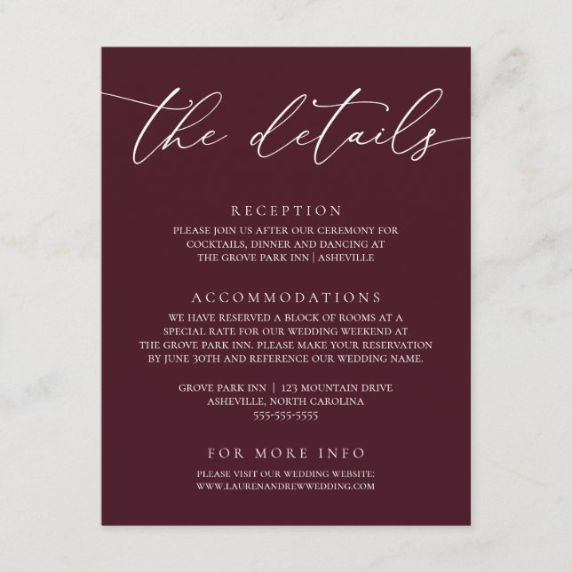 Burgund Moderne Minimalistische Hochzeitskarte Begleitkarte (Vorderseite)