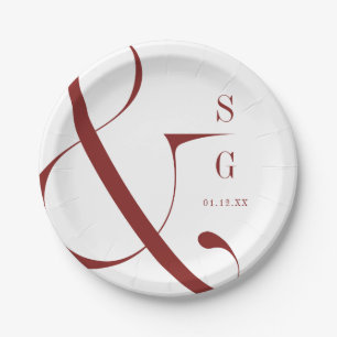 Burgund moderne minimalistische Paare Monogramm Pappteller