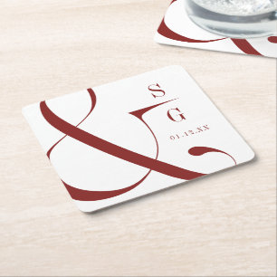 Burgund moderne Typografie Paare Monogramm Rechteckiger Pappuntersetzer