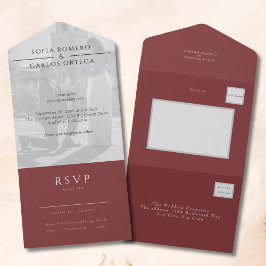 Burgund Modernes Foto Hochzeit All In One Einladung