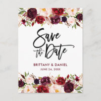 Burgund Modernes Pinselskript Save the Date floral