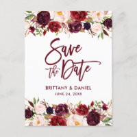 Burgund Modernes Pinselskript Save the Date floral