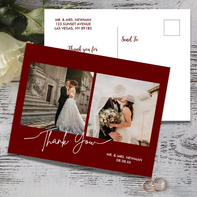 Burgund Modernes Script Foto Hochzeit Vielen Dank Postkarte (Von Creator hochgeladen)
