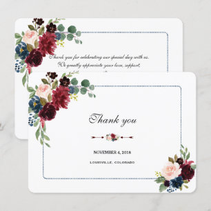 Burgund Navarra Blau Florales Rahmen Hochzeit Dank Einladung