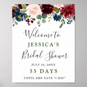 Burgund Navy Blau Blush Floral Brautparty Poster