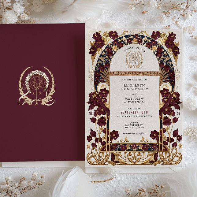 Burgund Navy Blue & Antique Gold Floral Wedding Einladung (Von Creator hochgeladen)