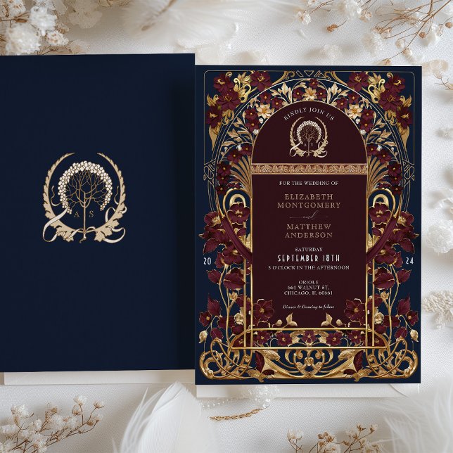 Burgund Navy Blue & Antique Gold Floral Wedding Einladung (Von Creator hochgeladen)