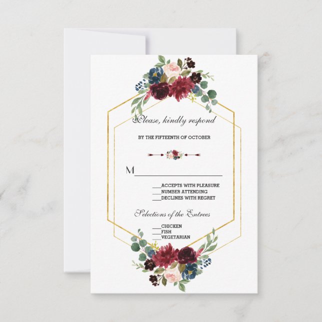 Burgund Navy Blue Floral Frame Wedding RSVP (Vorderseite)