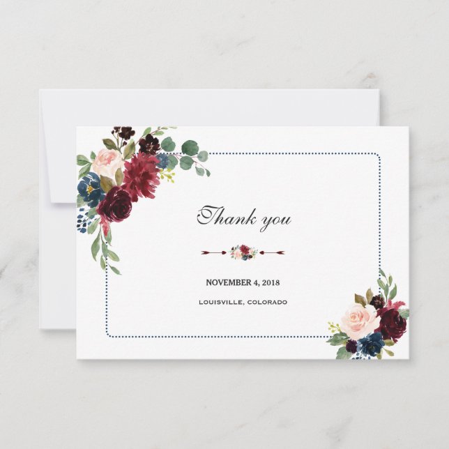 Burgund Navy Blue Floral Frame Wedding RSVP Dankeskarte (Vorderseite)