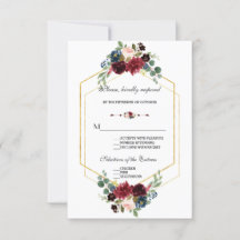 Burgund Navy Blue Floral Frame Wedding RSVP