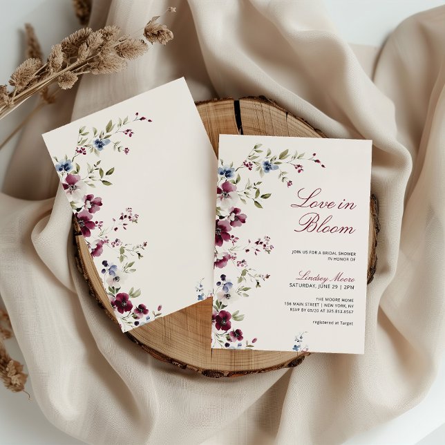 Burgund Navy Blue Liebe in Bloom Brautparty Einladung (Von Creator hochgeladen)