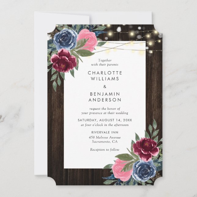 Burgund Navy Blue Pink Rustic Wood Floral Hochzeit Einladung (Vorderseite)