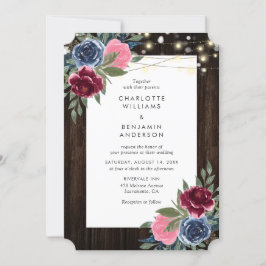 Burgund Navy Blue Pink Rustic Wood Floral Hochzeit Einladung