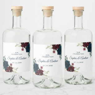 Burgund & Navy Blume Rustikale Holzhochzeit Alkoholflaschenetikett
