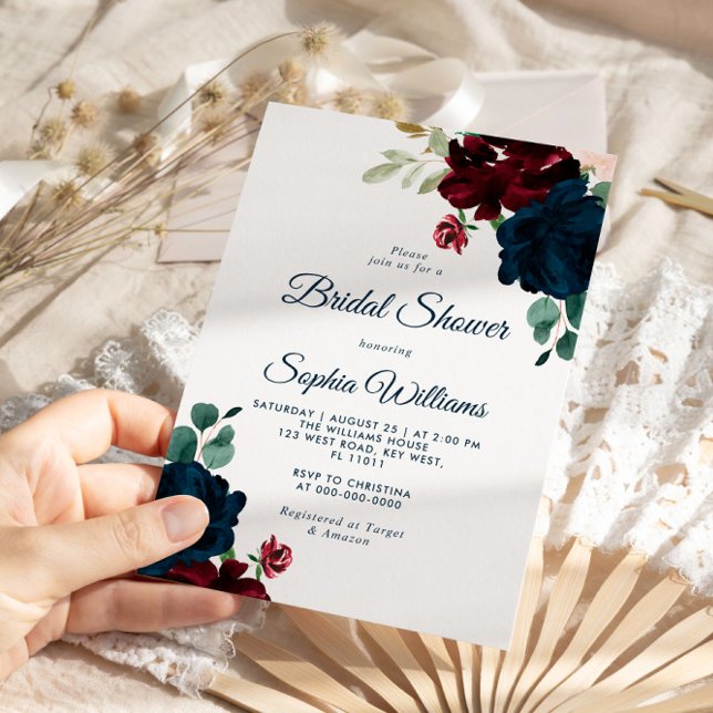 Burgund & Navy Blume Rustikales Brautparty Einladung (Von Creator hochgeladen)
