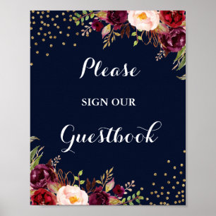Burgund-Navy-Blumen-Gästebuch-Hochzeitsschild Poster
