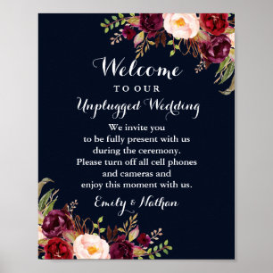 Burgund-Navy-Blumen-Hochzeitsschild ohne Mobiltele Poster