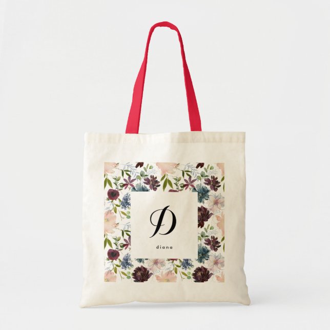 Burgund Navy Blumenmuster Individuelle Name Initia Tragetasche (Vorne)