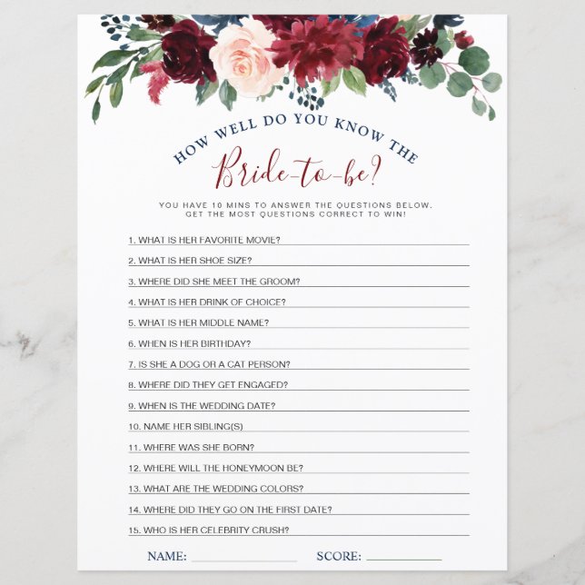 Burgund Navy Blush Blume Brautparty Games (Vorderseite)