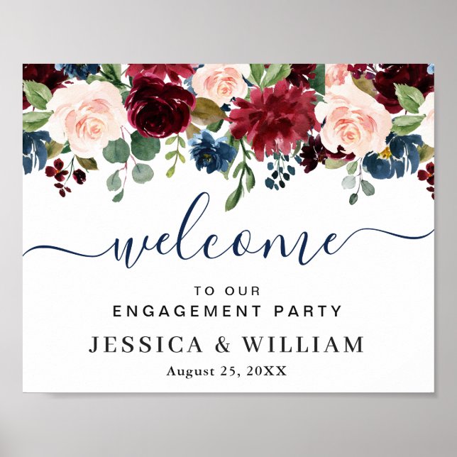 Burgund Navy Blush ENGAGEMENT PARTEI Willkommen Poster (Vorne)