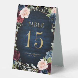 Burgund Navy Blush Floral Gold Tischnummer Tischaufsteller