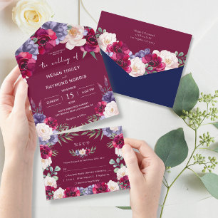 Burgund Navy Blush Moderne Blütenalter Hochzeit All In One Einladung