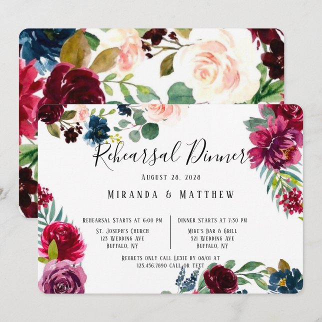 Burgund Navy Blush Peony Probe Dinner Einladung (Vorne/Hinten)