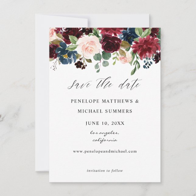 Burgund, Navy & Blush Pink Bloral Save The Date (Vorderseite)