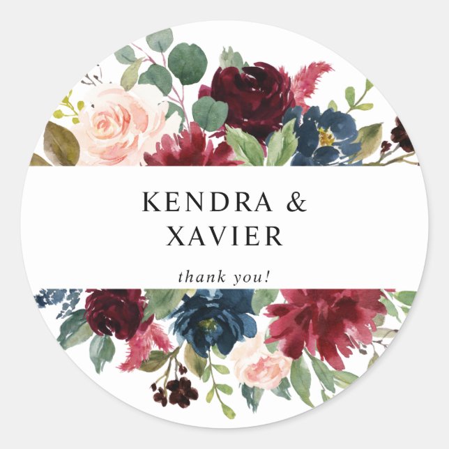 Burgund & Navy, Blush Pink Floral Vielen Dank Klas Runder Aufkleber (Vorderseite)