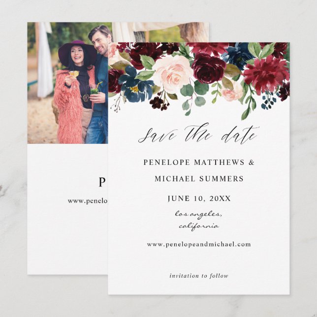Burgund, Navy & Blush Pink Foto Save The Date (Vorne/Hinten)