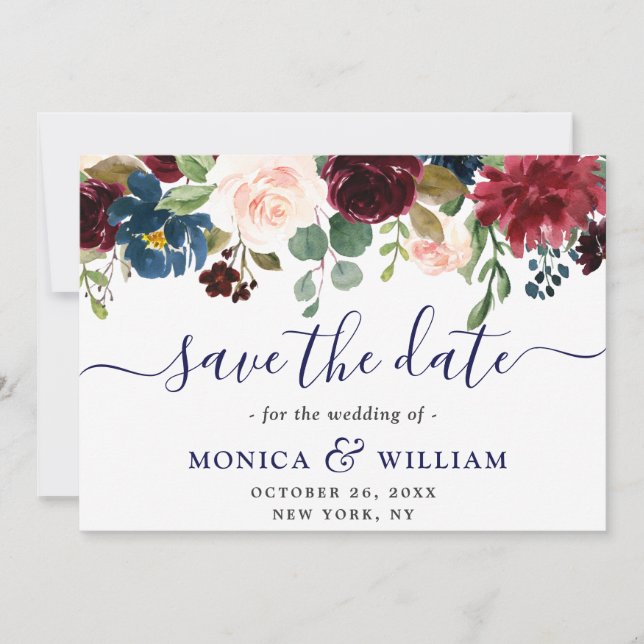 Burgund Navy Blush Rustikale Blumenhochzeit Save The Date (Vorderseite)