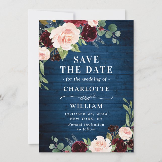 Burgund Navy Blush Rustikale Blumenhochzeit Save The Date (Vorderseite)