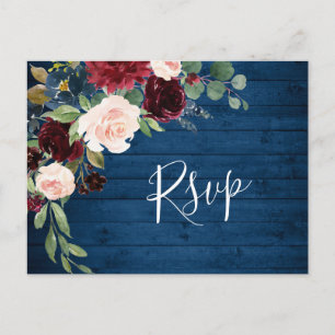 Burgund Navy Blush Watercolor Wedding RSVP Postkarte