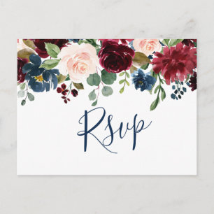 Burgund Navy Blush Watercolor Wedding RSVP Postkarte