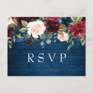 Burgund Navy Blush Watercolor Wedding RSVP Postkarte