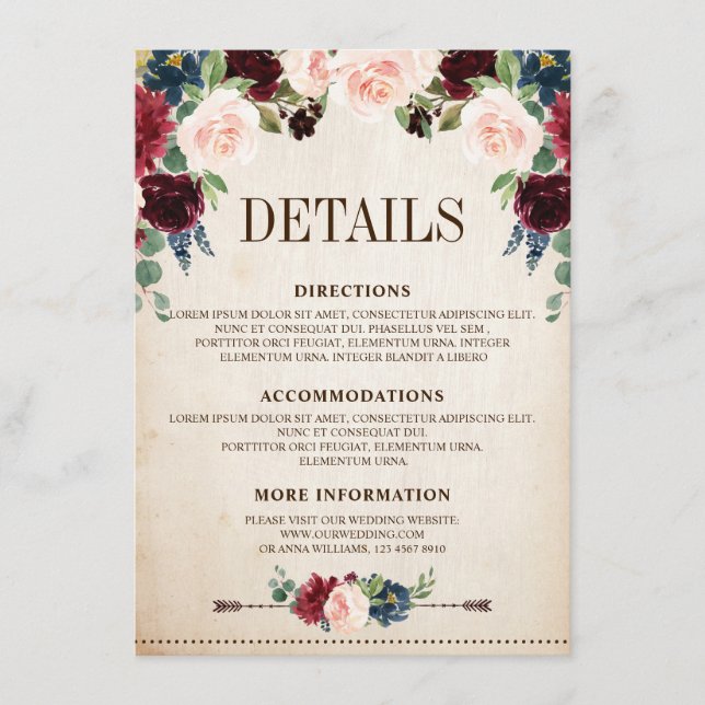Burgund Navy Floral Boho Country Wedding Begleitkarte (Vorderseite)