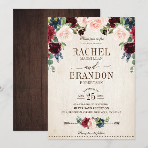 Burgund Navy Floral Boho Country Wedding Einladung