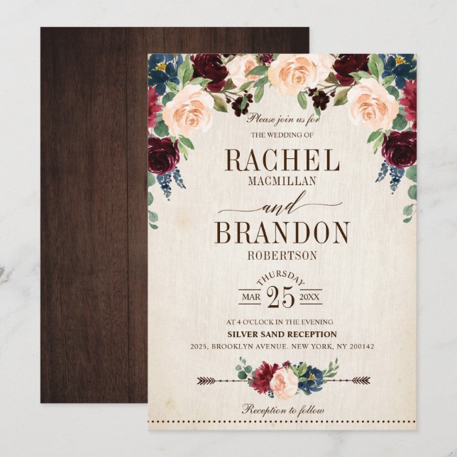 Burgund Navy Floral Boho Country Wedding Einladung (Vorne/Hinten)