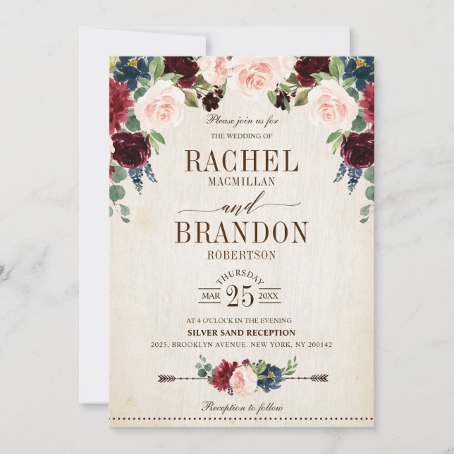 Burgund Navy Floral Boho Country Wedding Einladung (Vorderseite)