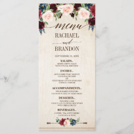 Burgund Navy Floral Boho Country Wedding Menükarte