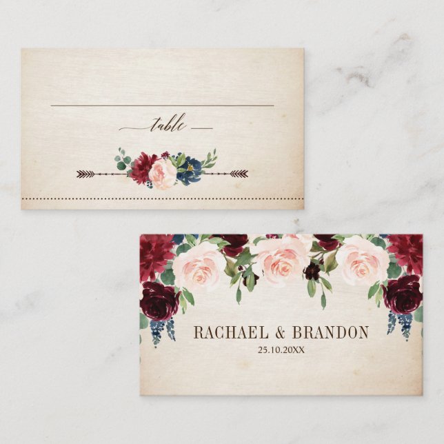 Burgund Navy Floral Boho Country Wedding Platzkarte (Vorne/Hinten)