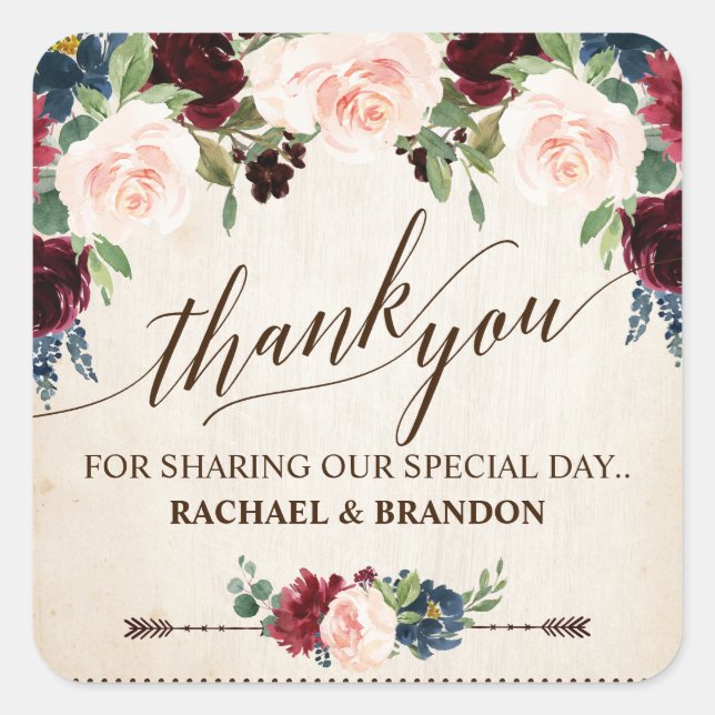 Burgund Navy Floral Boho Country Wedding Quadratischer Aufkleber (Vorderseite)