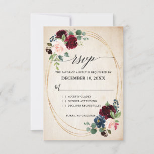 Burgund Navy Floral Boho Country Wedding R RSVP Karte