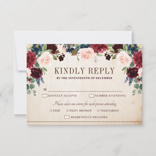 Burgund Navy Floral Boho Country Wedding RSVP Karte (Vorderseite)