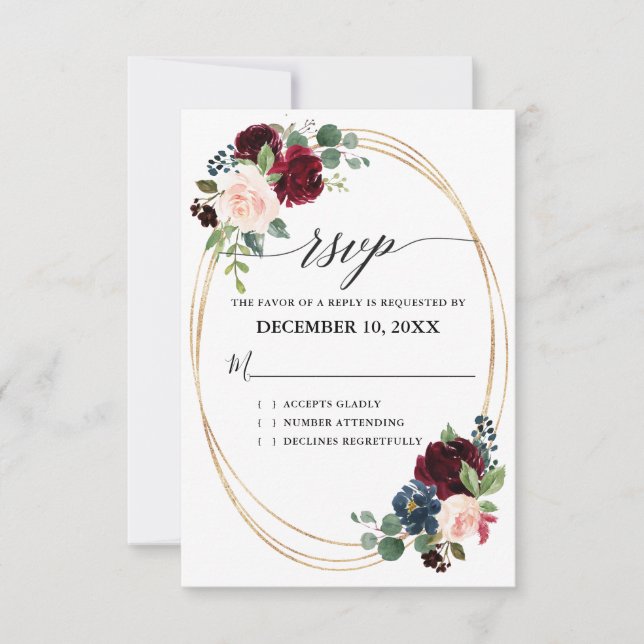 Burgund Navy Floral Boho Country Wedding RSVP Karte (Vorderseite)