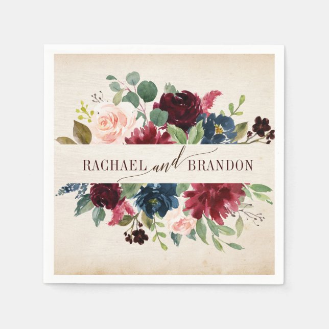 Burgund Navy Floral Boho Country Wedding Serviette (Vorderseite)
